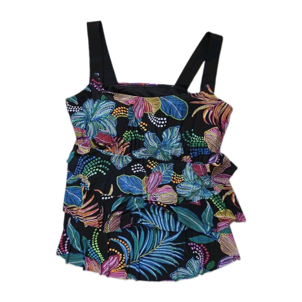 Great Lengths Tankini Top Size 18 Black Tropical Swim Top Ruffle Plus EUC